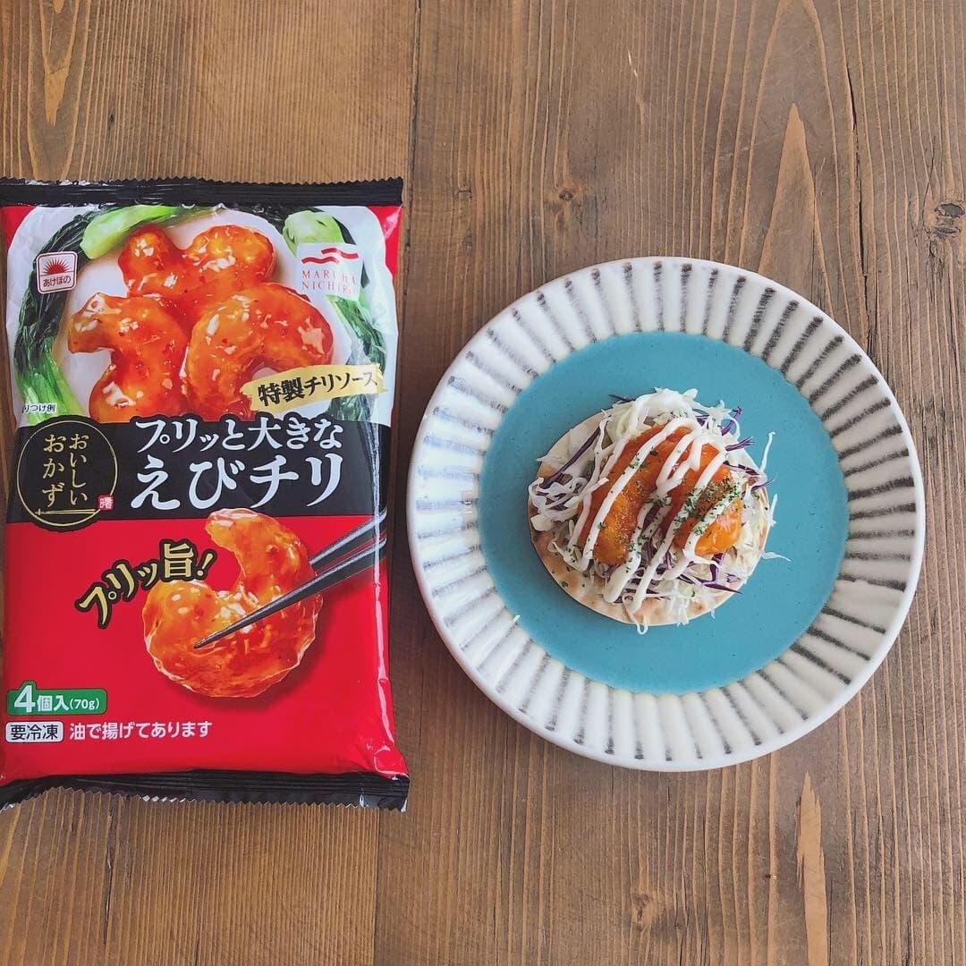 大きなえびチリをパリパリの皮にのせました☆の完成写真