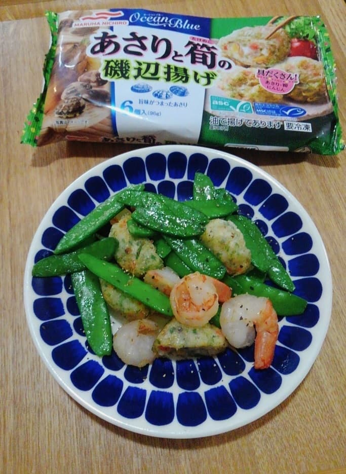 磯辺揚げとえびとさやえんどうの炒め物の完成写真