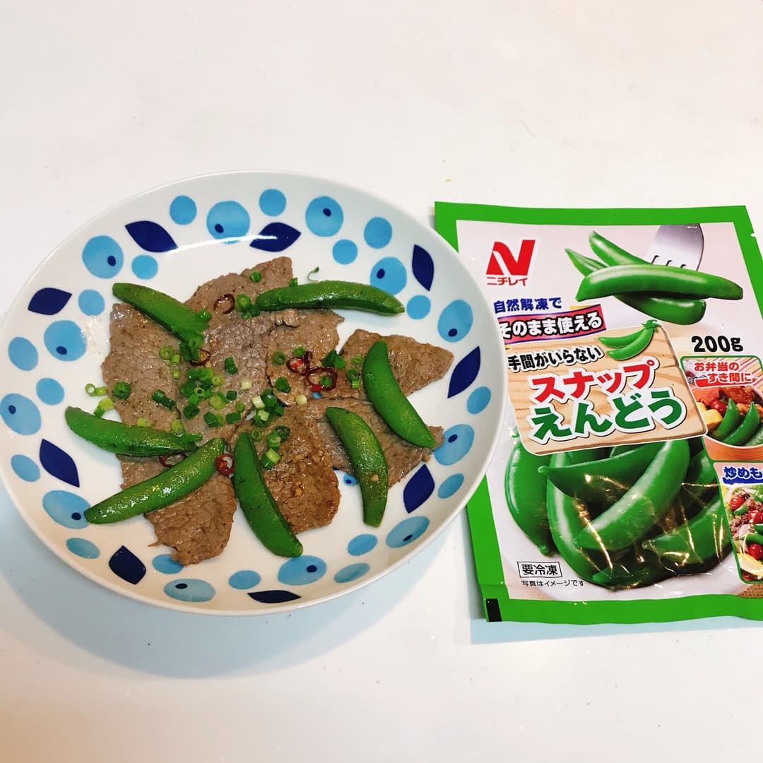 スナップえんどうと牛肉の香味炒めの完成写真