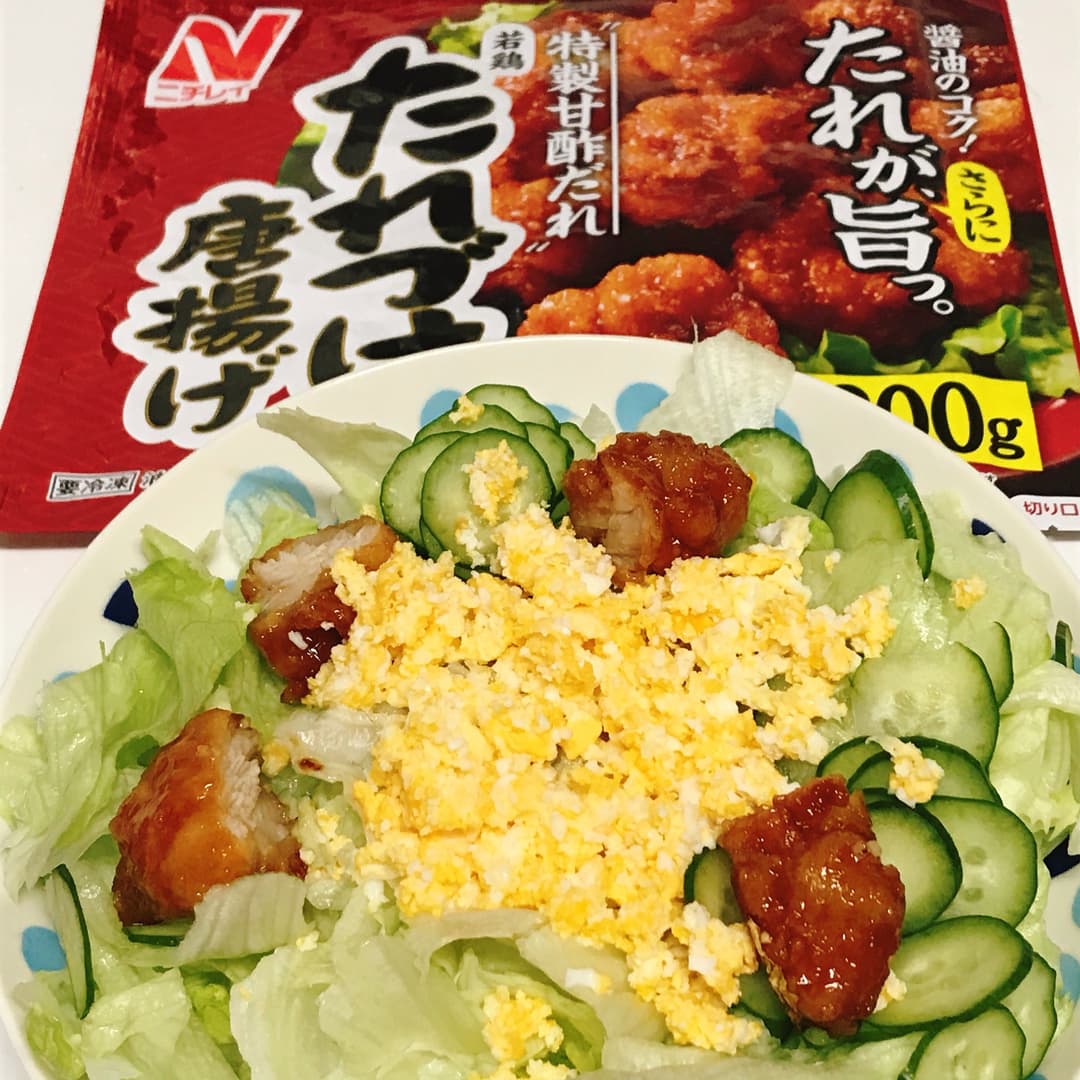 たれづけ唐揚げのミモザサラダの完成写真