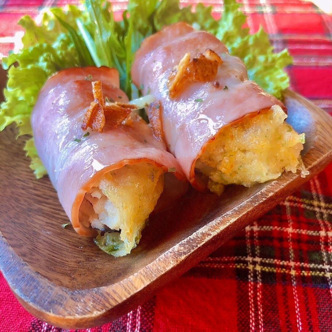 肉詰め椎茸のガーリックベーコン巻の完成写真