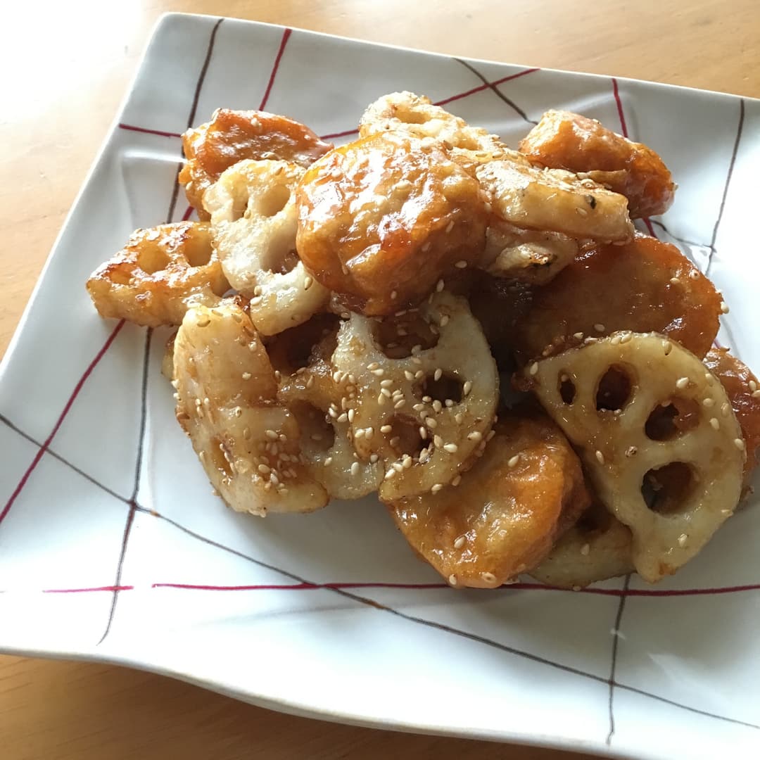 れんこんとからあげの甘酢絡めの完成写真