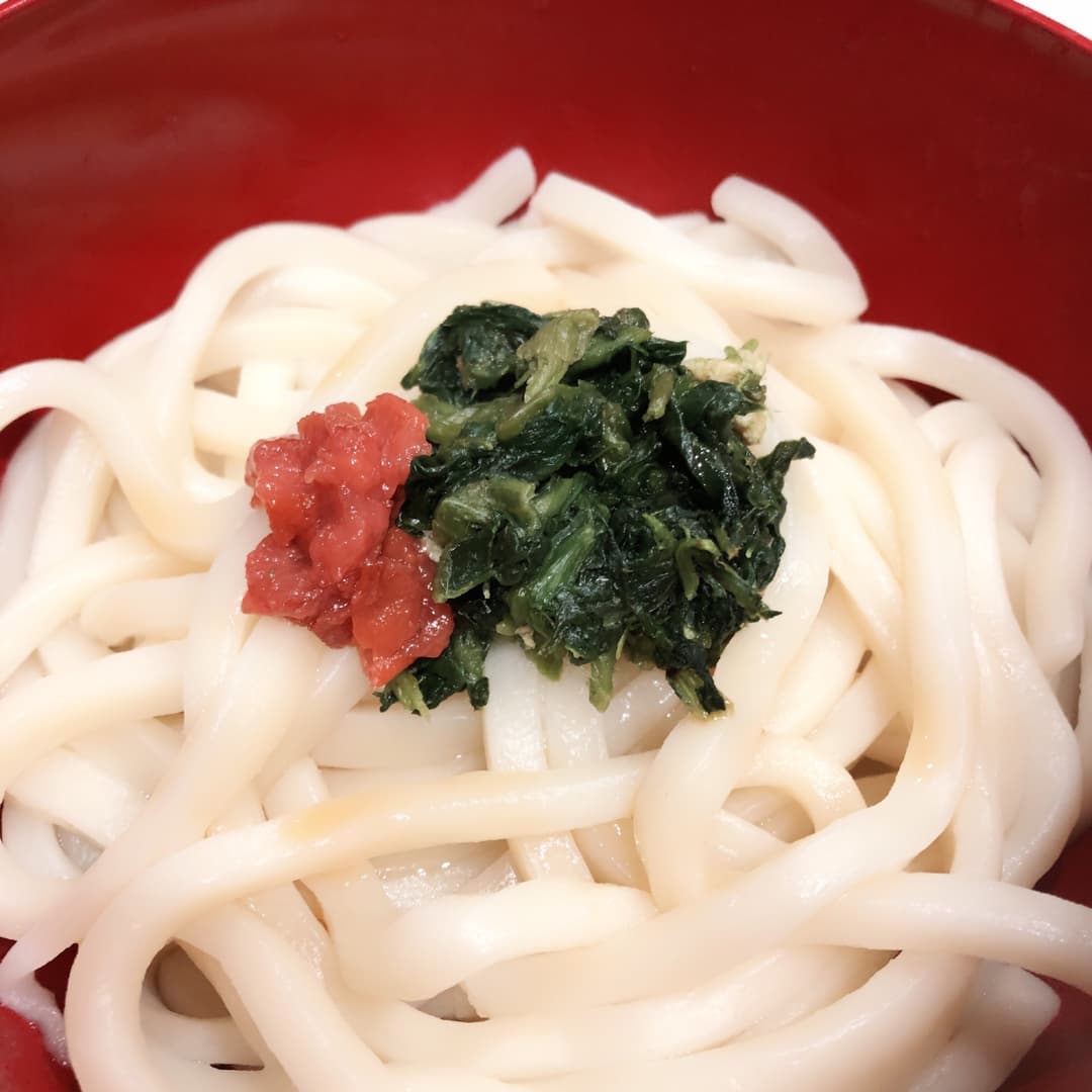 ほうれん草のおひたしと梅干しのカラフル温うどんの完成写真