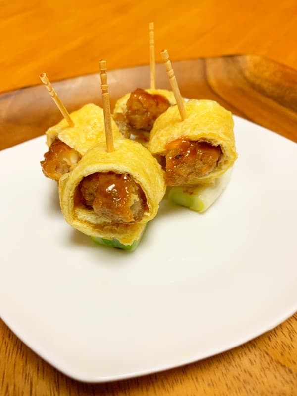 ねぎ・あげ・カルビの一口おつまみの完成写真