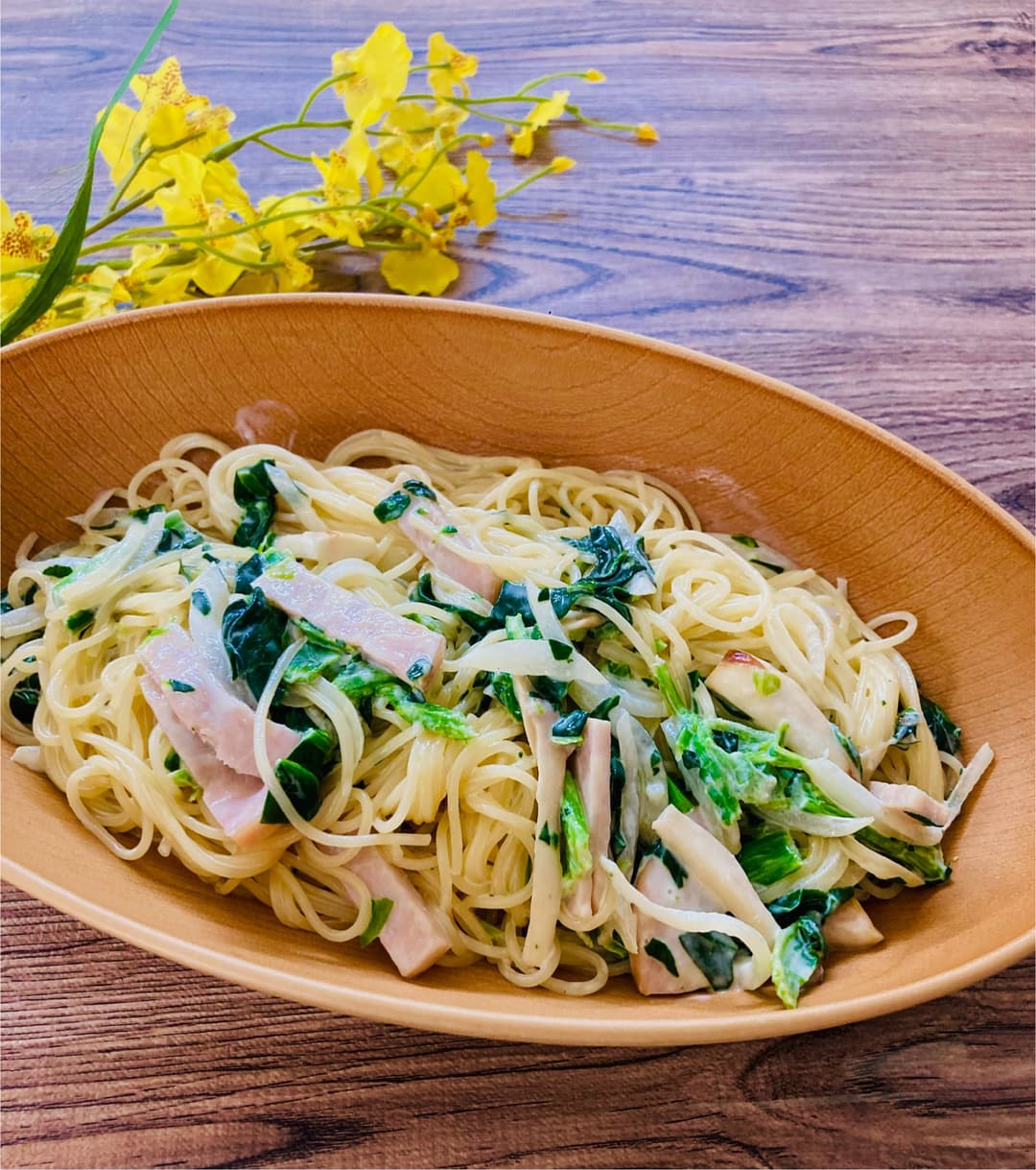 ほうれん草とハムのクリームパスタの完成写真