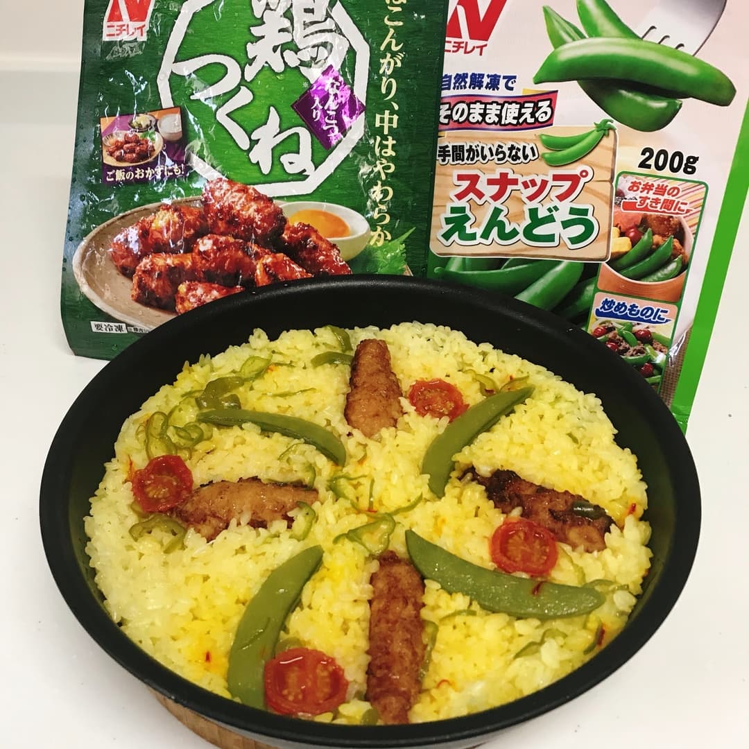 つくねとえんどうのパエリアの完成写真