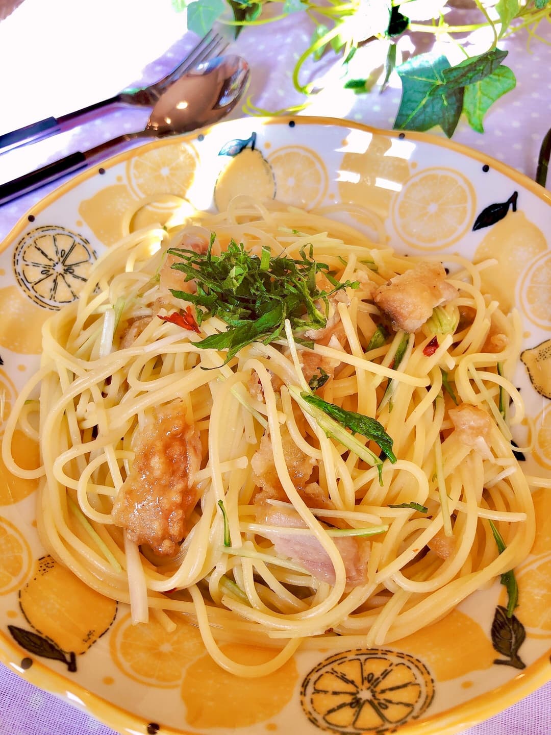 鯵の竜田揚げで和風パスタの完成写真