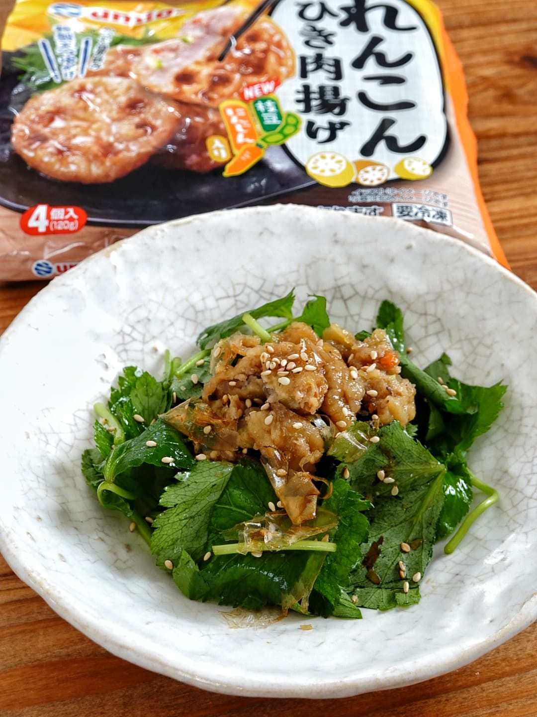 れんこんひき肉と三つ葉のおかか和えの完成写真
