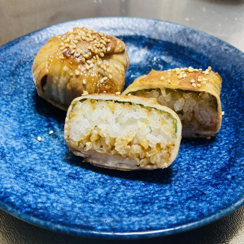 大葉香る！焼おにぎりの豚しそ照り焼き巻きの完成写真