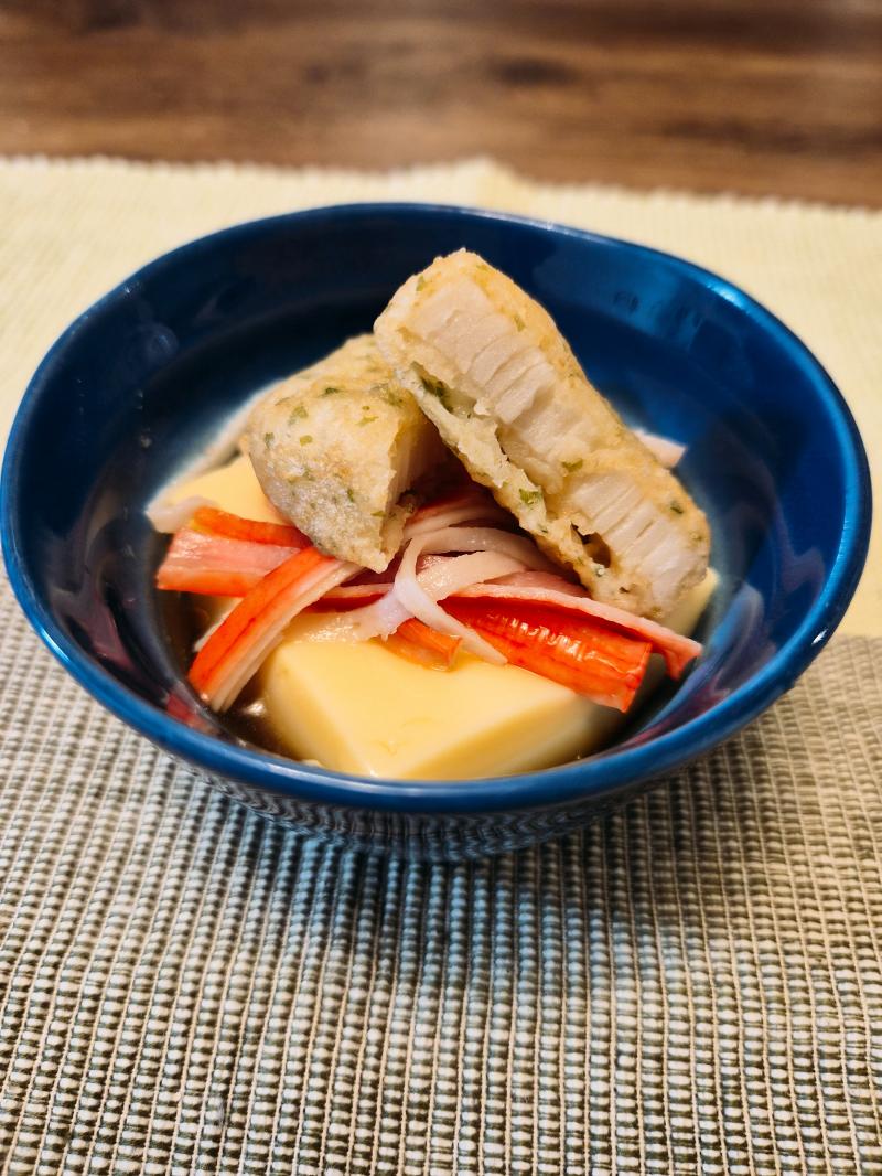 ほたて磯辺天とカニカマ玉子豆腐の完成写真