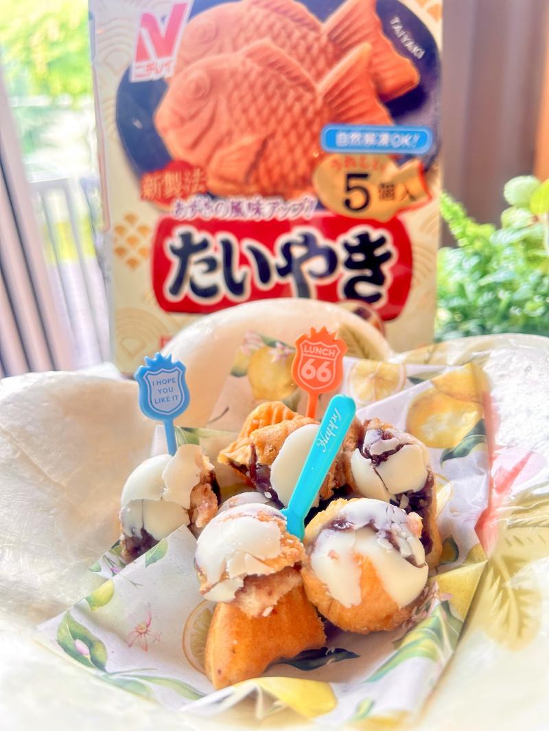 食材として使用したたいやきも一緒に写したホワイトチョコのたい焼きボール