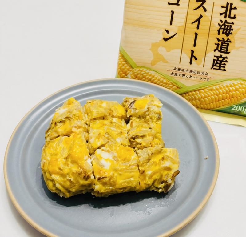食材として使用した北海道産スイートコーンも一緒に写したコーンともやしの和風卵焼き