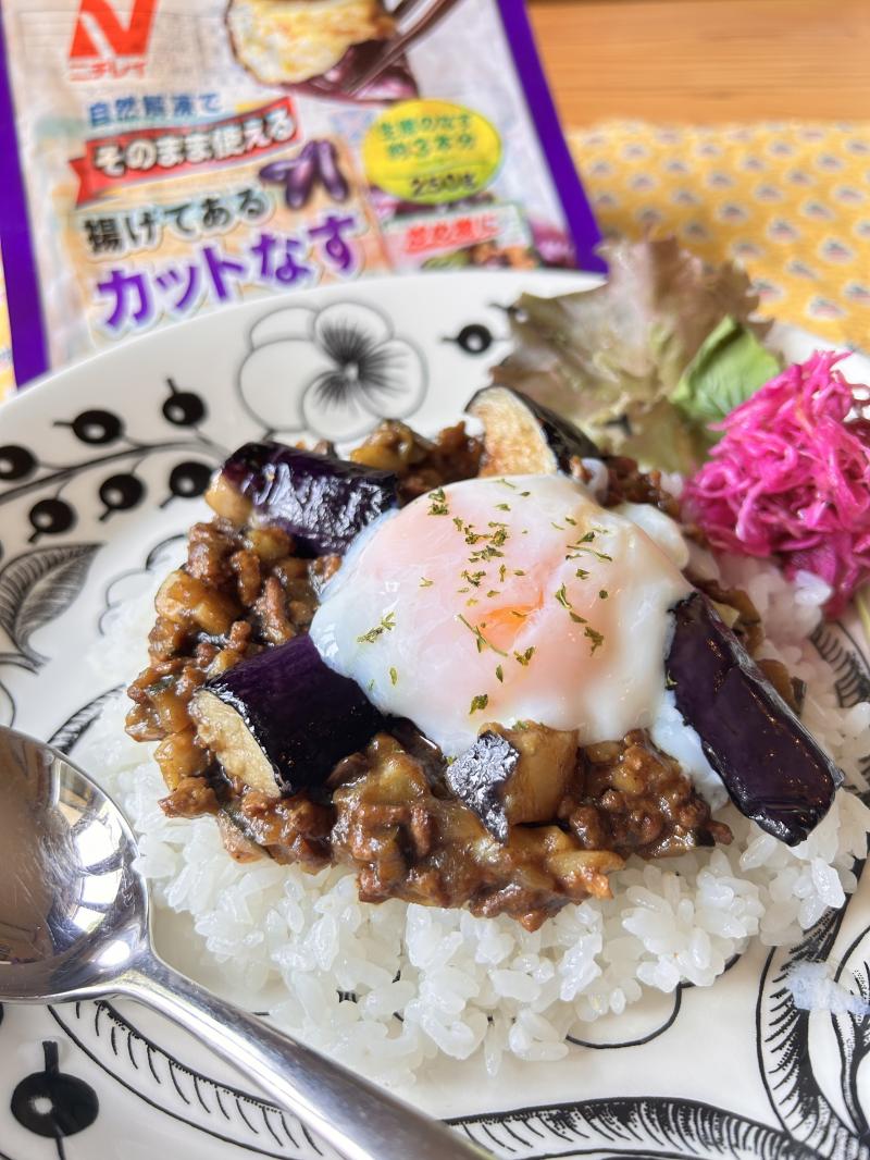 食材として使用したそのまま使える 揚げてあるカットなす（ベトナム産）も一緒に写した茄子のドライカレー
