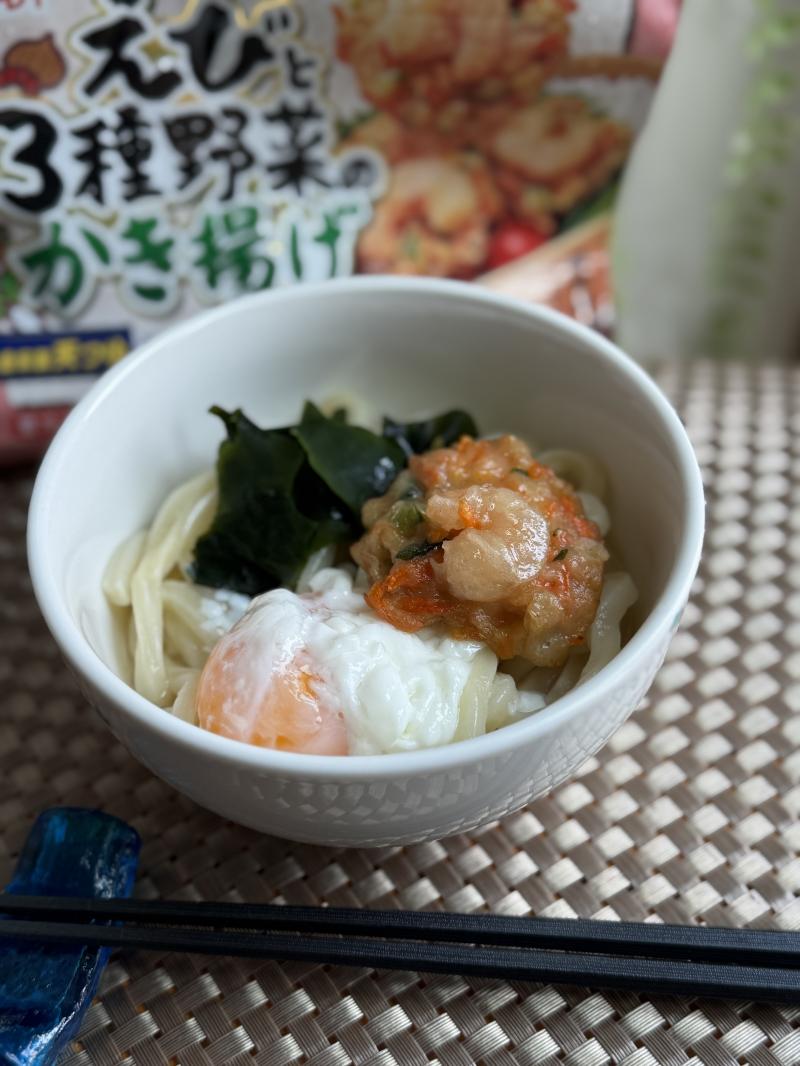 食材として使用したえびと3種野菜のかき揚げも一緒に写したかき揚げの温玉ぶっかけうどん