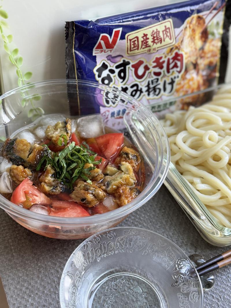 食材として使用したなすひき肉はさみ揚げも一緒に写したなすひき肉はさみ揚げのさっぱりつけ麺
