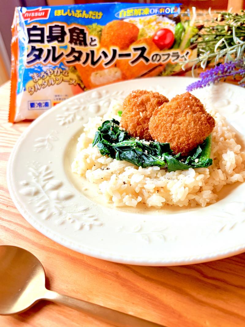 食材として使用した白身魚&タルタルソースも一緒に写したクリームリゾットの白身魚フライのせ