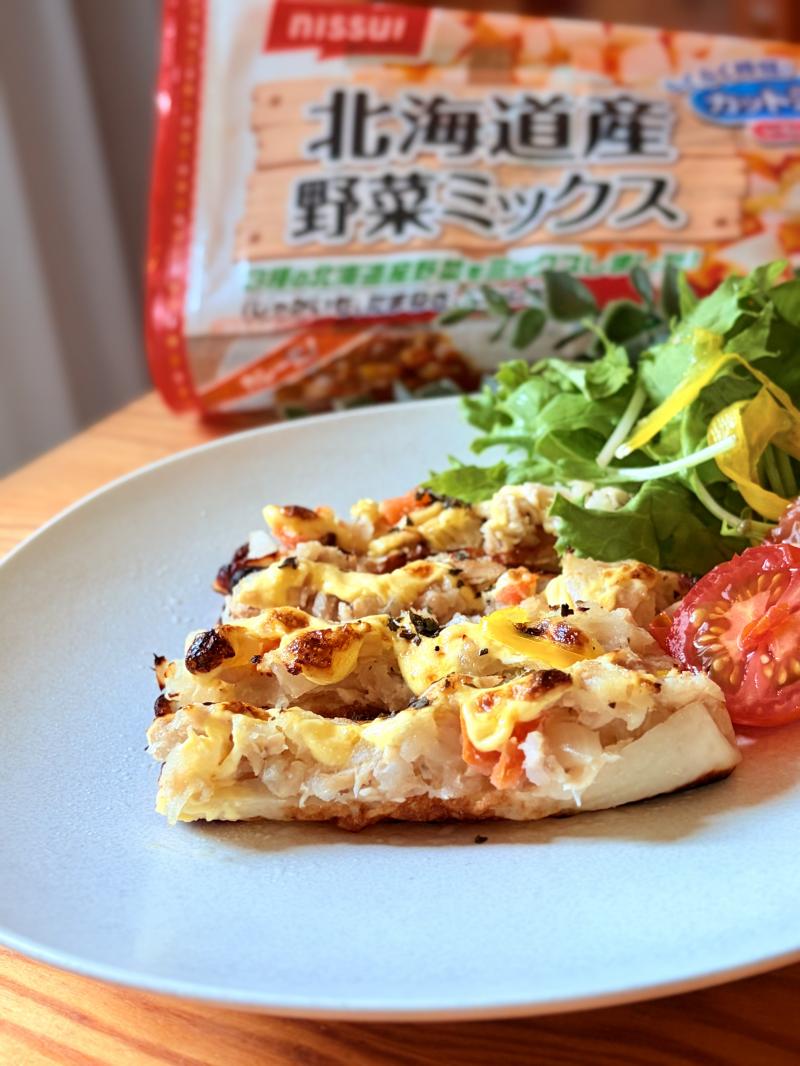 食材として使用した北海道産野菜ミックスも一緒に写したちくわのツナポテトボート