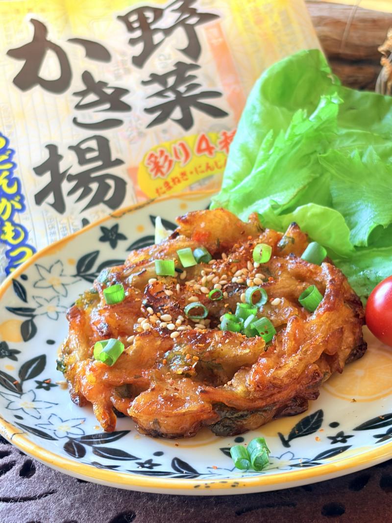 食材として使用した麺のおとも 野菜かき揚げも一緒に写したかき揚げの照り焼き