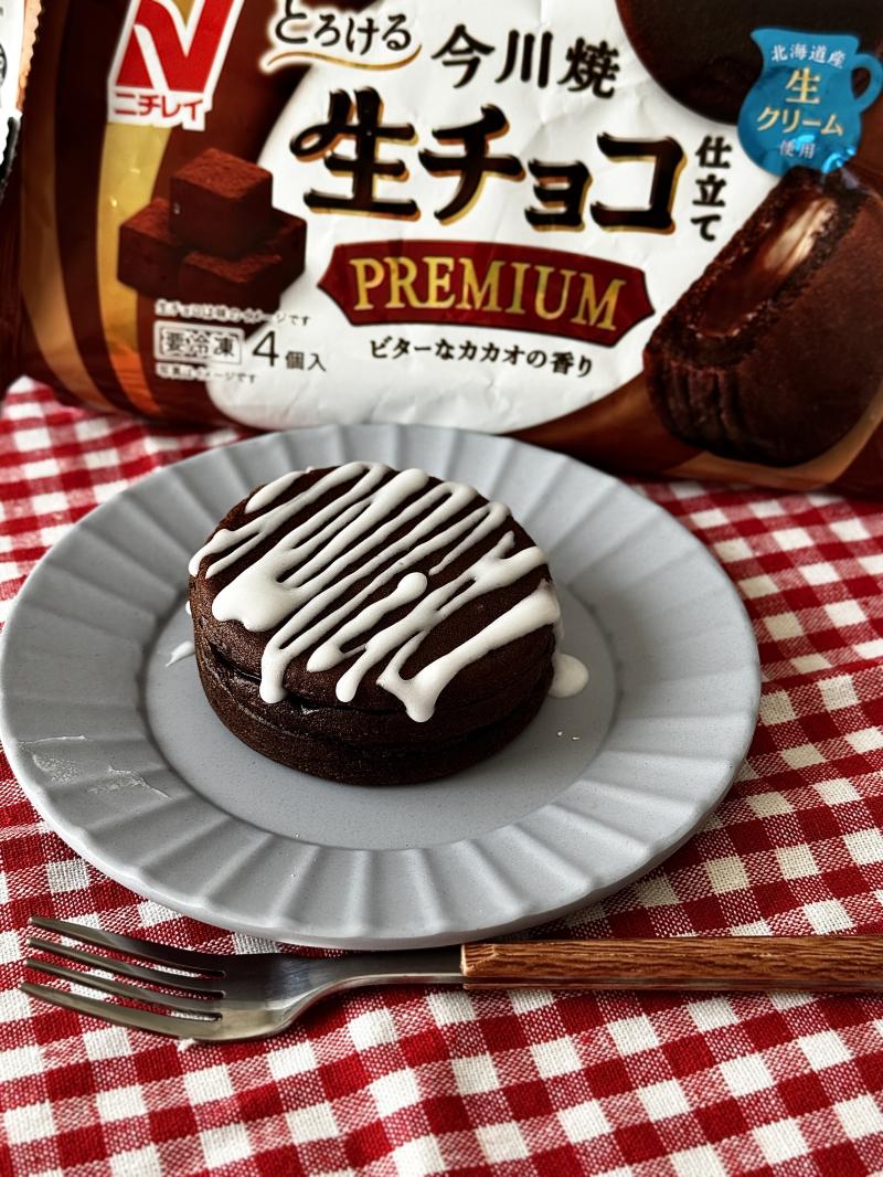 食材として使用した今川焼(とろける生チョコ仕立て プレミアム)も一緒に写した生チョコ今川焼のシュガーグレーズがけ